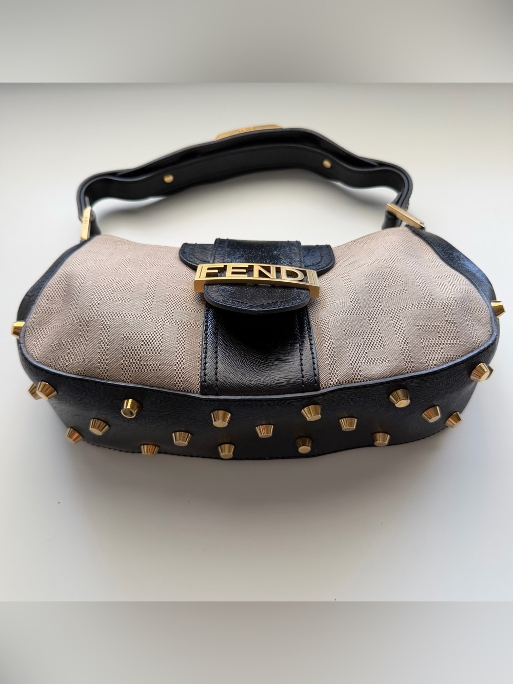 Fendi Zucca Shadow Black Leather Studded Shoulder Bag - Picture 2 of 8